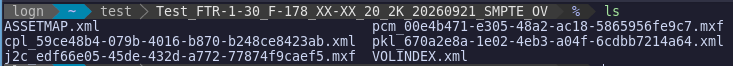 A sample of a DCP's contents, containing 4 XML files and 2 MXF containers